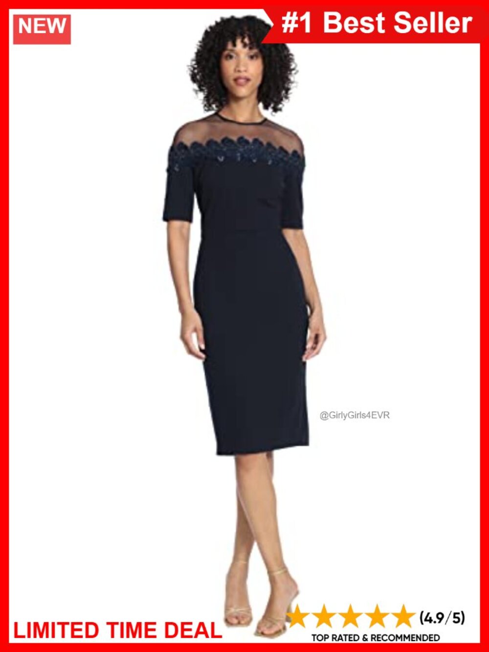 Mesh Yoke Pencil Skirt Dress with Applique Trim Elbow Sleeve Work Formal
